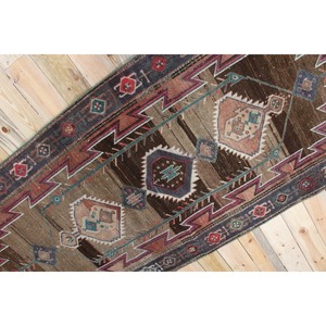 Vintage Turkish Rug, 3.8x9.6 ft Rug Rug, <b>Brown</b> Geometric <b>Wool</b> Rug - Product Image 2