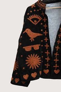 Veste en tissu éponge brodée bohème, grande taille, manches longues, col rabattu, vêtements d'extérieur décontractés d'automne pour adultes - Product Image 3