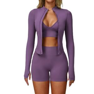 Ensemble de yoga pour femmes en 2 pièces, ensemble de sport respirant à séchage rapide, veste de sport à manches longues en spandex/nylon sans couture à carreaux - Product Image 1