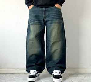 Jeans vintage délavés à l'acide pour hommes, coupe droite, ample et baggy, grande taille, avec logo personnalisé brodé, style streetwear - Product Image 1