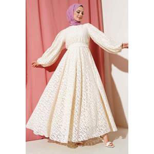 Robe en Dentelle à Manches Ballon à Taille Élastique Beige - Product Image 2