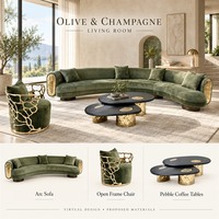 Ensemble de meubles de luxe pour toute la maison : canapé en tissu courbé, chaise à structure métallique, table à manger en pierre frittée, lit rembourré, placage bois
