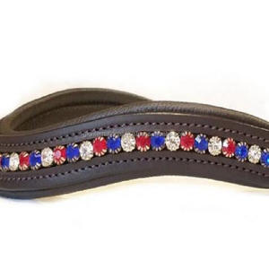 Brown Havana Empty Channel Full <b>Stitched</b> Leather Horse Brow Band with Decorative 1 Row Red White Blue <b>Crystals</b> Rhinestones Bling - Product Image 3