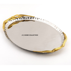 High On Demand Creative <b>Tray</b> Oval Shaped <b>Tray</b> <b>Mirror</b> Polished <b>With</b> Golden Finished Handles Metal Home Decor - Product Image 1
