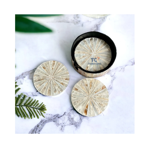 Dessous de verre à thé décor fait à la main nacre incrustation sous-verres ronds ensemble avec support et 6 sous-verres verts Protection de table - Product Image 3