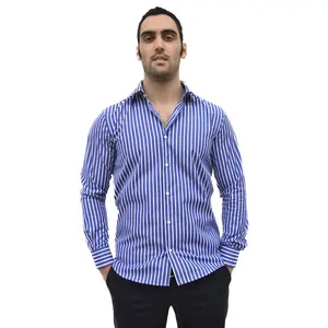 Men shirt in 100% high quality cotton white and light blue stripes following the Made in Italy tradition export