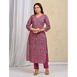 Pink Hand-Drawn Jaal Block Printed Cotton Kurta Pant Set Mulmul Dupatta Ethnic Indian Salwar Kameez for Occasions <b>Net</b> <b>Fabric</b> - Product Image 4