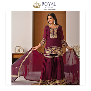 Gran Venta de Ropa India de Primera Calidad, Colección de Diseñador de Trajes Sharara de Seda Fandy con Bordado - Product Image 6