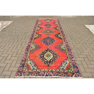 Alfombra Turca de 4.3x12.4 pies, Alfombra Vintage, Alfombra Roja con Puntos de Polka, de Lana - Product Image 1