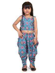 Conjunto de Moda Shoryam para Niñas, Top Corto sin Mangas con Estampado Geométrico Azul y Pantalones Dhoti, Estilo Étnico, Completamente Cosido, Ropa de Fiesta para Niñas Pequeñas - Product Image 3