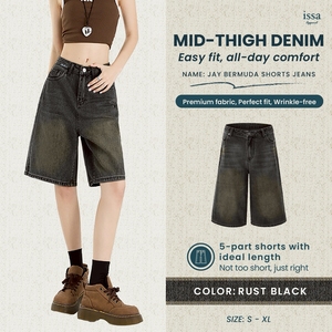 Pantalones cortos de mezclilla cómodos de cintura alta Jay para mujer, 5 bolsillos, proporción moderna, rodilla sentada, estilo Formal, cinturón de encaje - Product Image 2