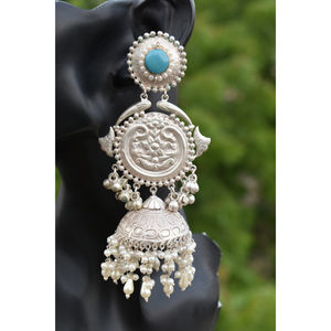 Nouvelle conception, boucles d'oreilles créoles jhumka en laiton aspect argent, faites à la main, style traditionnel, avec pierres, pour filles et femmes - Product Image 4