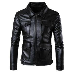 Chaqueta de Cuero Genuino Negra para Hombre, Estilo Ajustado con Bolsillos con Cremallera, Detalles Tachonados y Cintura con Cinturón - Product Image 4