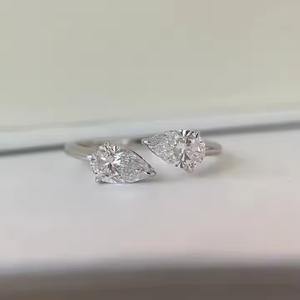 แหวนทองแบบก้าน14K แหวนหินสองอันแบบเรียบง่ายแหวนแบบเปิดพร้อมลูกแพร์ห้องแล็บปลูกเพชรงานหมั้นของขวัญวันครบรอบงานแต่งงาน - Product Image 6