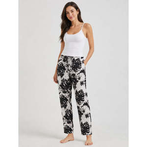Women's <b>Black</b> White Floral Rayon <b>Pajama</b> Soft Woven Lounge Wear Elastic Waist Side Pockets Customizable ODM Homewear for Families - Product Image 1
