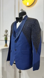 Bleu main broderie marié hommes trois pièces costumes Tuxedos garçons d'honneur mariage Tuxedos fête blazer pour hommes ensembles - Product Image 5