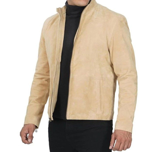 Camel Suede Genuine Leather <b>Jacket</b> for Men's Stand <b>Collar</b> and Pair of Casual or Formal Style Zipper Sleeves Men <b>Jacket</b> - Product Image 4