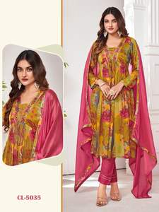 Último diseñador traje de moda estilo moderno puro Chinon Kurti pantalón y Dupatta con Khatli Trabajo Mujer moda exportador para la venta - Product Image 5