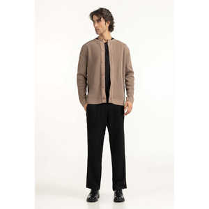 Suéter de Punto Combinado para Hombre, Corte Regular, con Capucha y Cierre de Cremallera, Color Beige, Ropa Casual para Invierno - Product Image 3