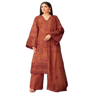 Haute qualité dames 3 pièces pakistanais brodé imprimé pelouse chemise Dupatta pantalon costumes coton non cousu/cousu disponible - Product Image 1