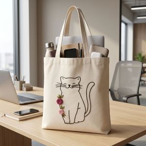 กระเป๋าผ้าแคนวาสปักลายดอกไม้ลายคิตตี้ 300 GSM ขนาด 14x16 นิ้ว สีชมพู ขายส่ง รับทำโลโก้ตามสั่ง - Product Image 4