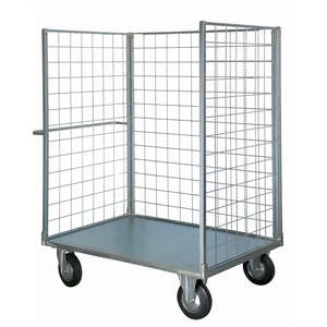 Massieve rubberen wielen, 2 wielen met rem, gelakt, 3-zijdig platform, stalen container met draadgaas - Product Image 1