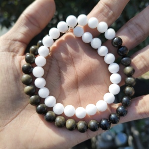 Collier de perles rondes lisses en opale naturelle, mélange d'onyx noir et blanc, 8 mm, bijoux cadeau pour elle - Product Image 2