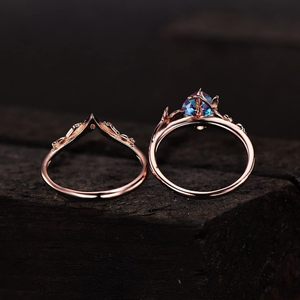 925 plata esterlina alejandrita compromiso 18K placa de oro Art Deco hoja anillo de boda conjunto para mujer regalo - Product Image 3