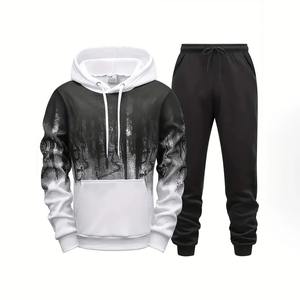 Trois couleurs patchwork motif hommes deux pièces à capuche pantalons de survêtement hommes automne et hiver rue mode décontracté à capuche jogging ensemble - Product Image 3