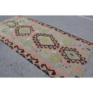 Tapis Kilim Turc Vintage 4.8X10 pieds Vert Noir Patchwork Laine Latex Fait Main pour Chambre Couloir Rectangulaire Design Abstrait - Product Image 2