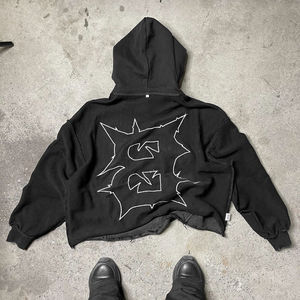 Sudadera con capucha personalizada gruesa recortada para hombre al por mayor, Sudadera con capucha recortada gruesa con bordado gráfico de lujo de alta calidad, sudaderas con capucha cortadas con lavado ácido - Product Image 2