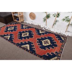 Large Bohemian Vintage Turkish Rug 4 X 9.3ft <b>Red</b> Black Patchwork Design <b>Wool</b> Material Latex Abstract Rectangle Hallway Room Rug - Product Image 3