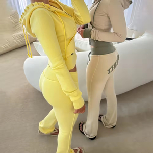 Personalizado de punto de algodón Y2K Flared Stack Jogging Chándales Mujer Cropped Slim Fit Hoodie Set Skinny Distressed Printed Unisex - Product Image 3