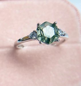 แหวนหินมอสอาเกตสำหรับผู้หญิงดีไซน์แบบมินิมอลที่เป็นเอกลักษณ์แข็ง925แฟชั่นวงสำหรับงานแต่งงานและงานเลี้ยง - Product Image 4