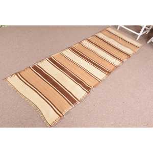 Vintage Turkish Kilim Rug 2.6x7.4 ft, <b>Brown</b> Runner Polka dot <b>Wool</b> Rug - Product Image 2