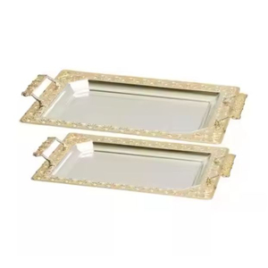 Plateau de service alimentaire moderne Plateau de service en bois avec poignées en acier inoxydable Décoratif en forme de rectangle brun foncé - Product Image 2