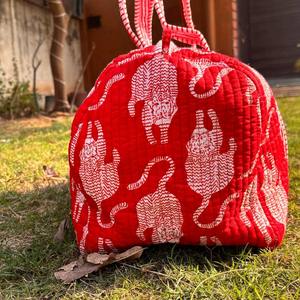 Handmade Luxury <b>Red</b> Tiger Cotton Quilted Casual Weekender Duffle Bag with Zipper Closure Large Capacity Travel Gym Luggage - Product Image 4