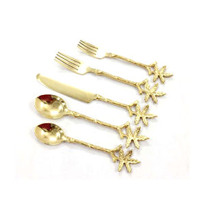 Hot Selling Indian Supplies <b>Gold</b> <b>Mirror</b> Polished With Twig Design Leaf End Handle Stainless Steel Flatware Utensils Set - Product Image 4