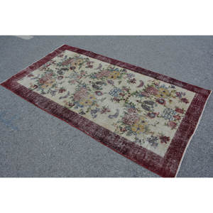 Vintage Turkish Rug Beige <b>Red</b> <b>Wool</b> with Classic Rectangle Patchwork Pattern Large Area 3.6 X 6.9ft Backed Latex for Hallway Use - Product Image 4