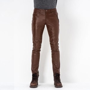 Pantalones de moda elásticos ajustados de cuero PU para hombre, pantalones de motocicleta, ropa de calle fina, pantalones acampanados apilados de cuero para hombre - Product Image 4