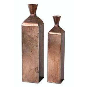 Modern Decorative <b>Cylinder</b> Round <b>Vase</b> Set of 2 Attractive Brass Plated Different Size Metal Floor <b>Vase</b> for Living Room Use - Product Image 2