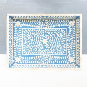 Bandeja con incrustaciones de hueso floral blanco y negro hecha a mano con asas, bandeja decorativa elegante para servir para exhibición de mesa de cocina casera - Product Image 3