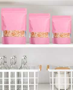 Sac en matériaux composites refermable debout, personnalisable, rose, avec fenêtres givrées pour l'emballage de biscuits, gâteaux, chocolats - Product Image 5