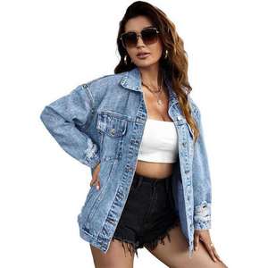 Nouvelle veste en jean dégradé sur mesure pour femmes respirante automne hiver veste en jean lavée à revers court en détresse - Product Image 5