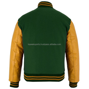 Chaqueta Varsity 2026 OEM Icónica Verde Bosque de Lana con Mangas de Cuero Amarillo para Hombre, Chaqueta de Invierno Calefactable de Alta Calidad y Bajo MOQ - Product Image 2