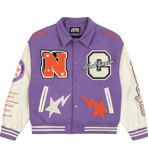 High Street Unisex Slim <b>Purple</b> Cow Skin Leather Bomber <b>Jacket</b> Embroidered Letters Button Closure Winter Casual Fit Plus Size - Product Image 1