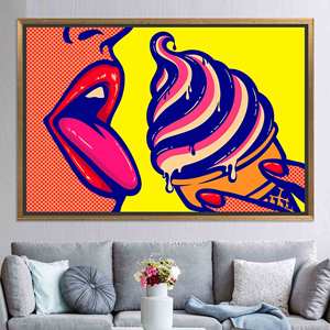Printed Canvas: Pop Art Woman Licking Ice Cream, Stained Glass,GOLD <b>FRAMED</b> CANVAS - Product Image 1