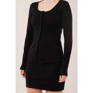 Conjunto de Dos Piezas para Mujer Lustrin: Falda a Rayas y Blusa Abotonada - Atuendo Casual Elegante de Mezcla de Viscosa Negra para Uso Diario - Product Image 2