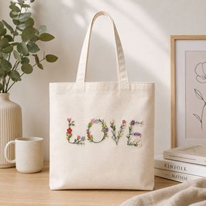 Bolsa de Mano de Algodón Bordada a Mano con Diseño Floral LOVE, 14x16 Pulgadas, Logotipo Personalizado, Bolsa de Compras de Lona, Color Blanco Natural, Asa Resistente - Product Image 2