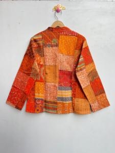 เสื้อโค้ทส่าหรีกันธาทำด้วยมือเสื้อโค้ทผ้าถักปะต่อสั้นผ้าคอตตอนดีไซน์แบบปักระบายอากาศได้ดีสไตล์วินเทจ - Product Image 4